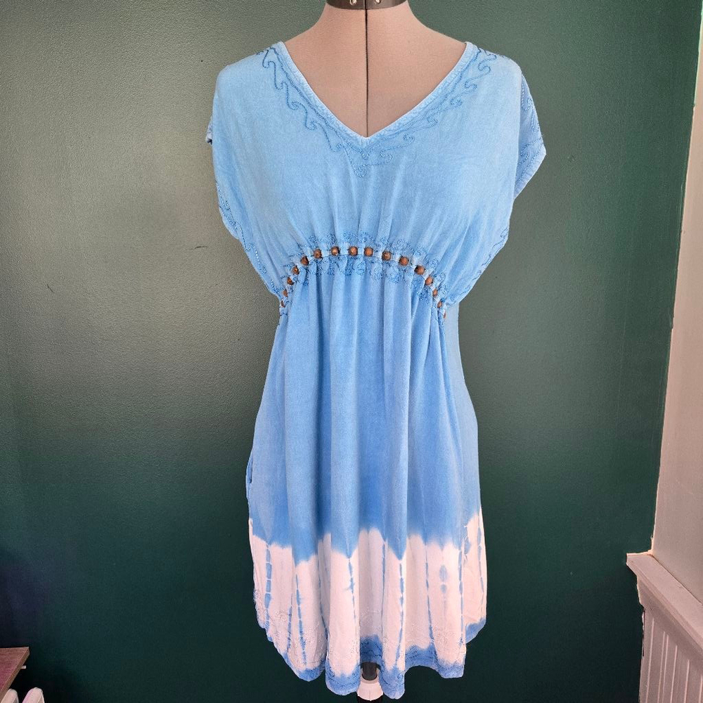 Raya Sun Women's Large Blue White Short Sleeve Bohemian Tie Dye Mini Sundress